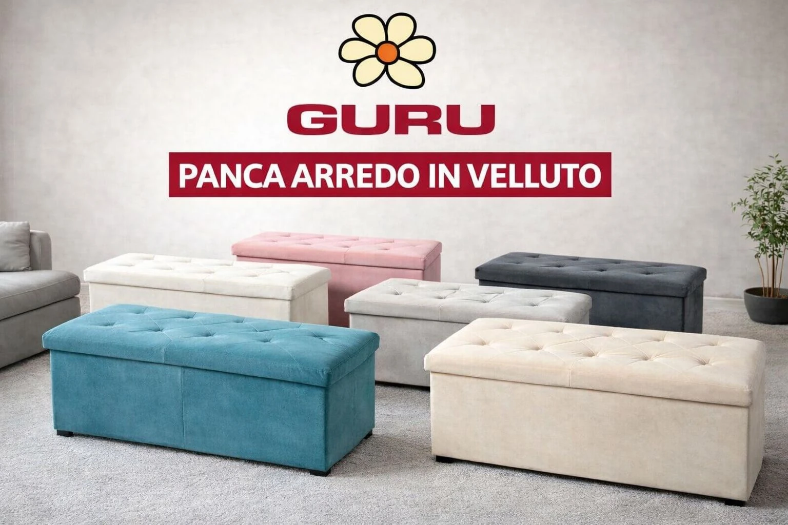 Angolo espositivo GURU Biancheria: assortimento prodotti su panche in legno