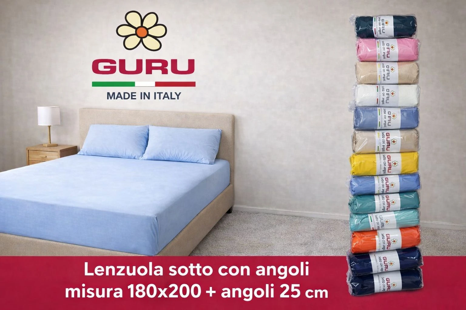 Dettaglio shooting GURU: lenzuola con angoli in cotone di alta qualità